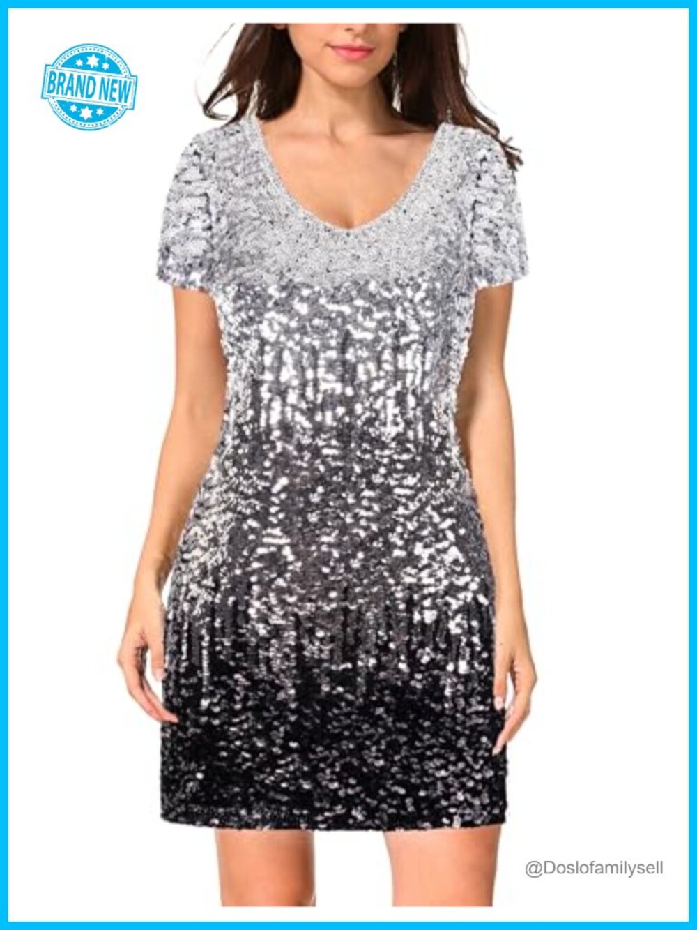 Sequin Glitter Short Sleeve V Neck Mini Bodycon Party Club Dress